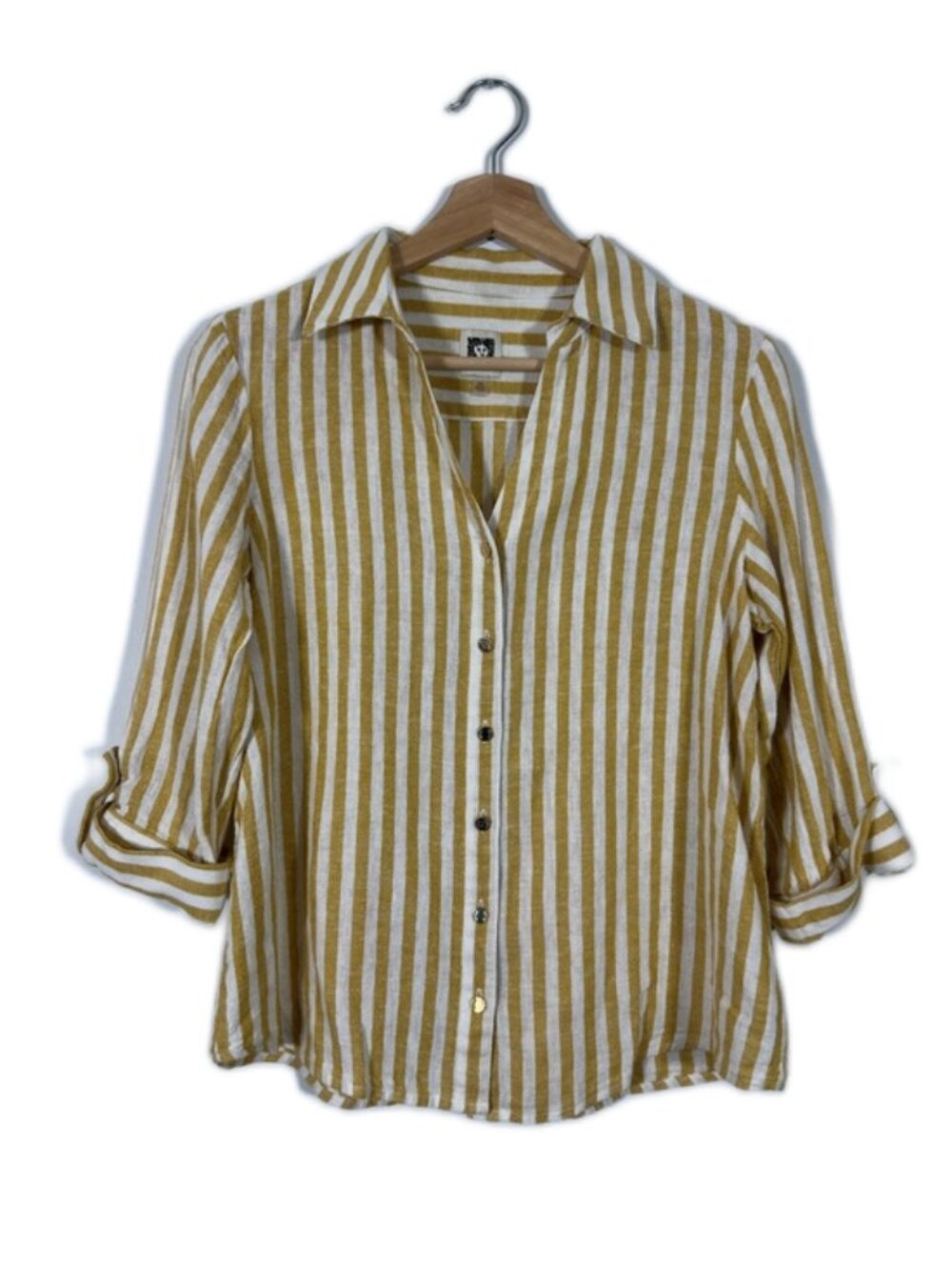 Anne Klein Women's Striped Top Linen Button Down Size PS Yellow Casual Preppy